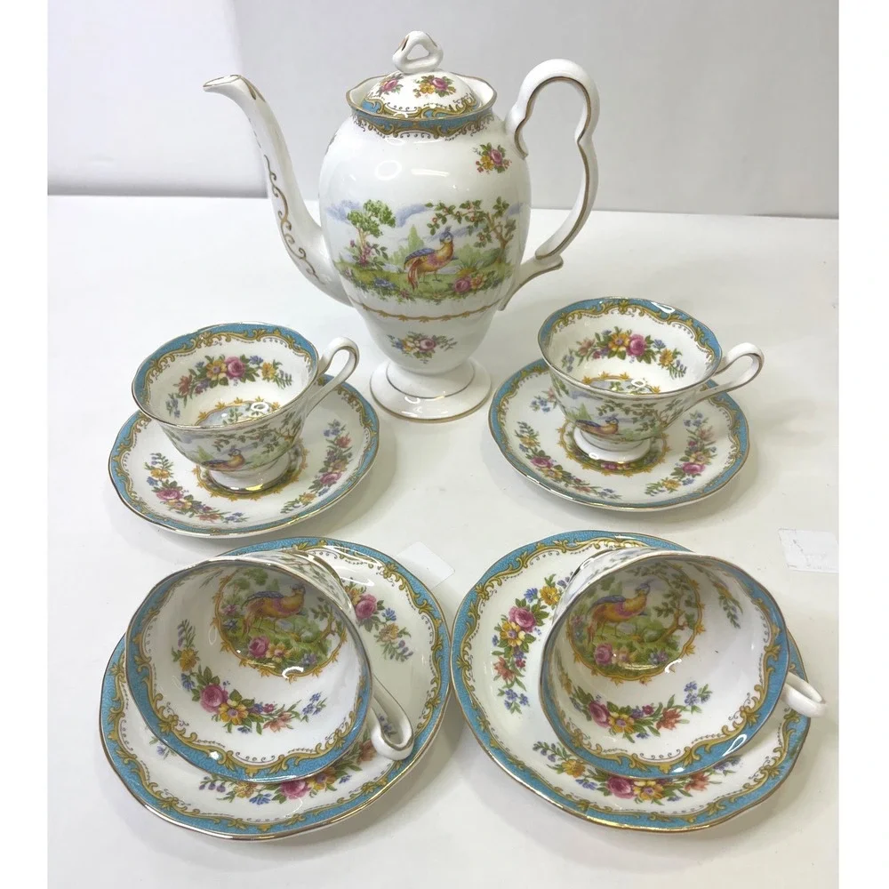 Royal Albert Chelsea Bird Coffee Set Pot 4 Demitasse Cups Saucers Bone China